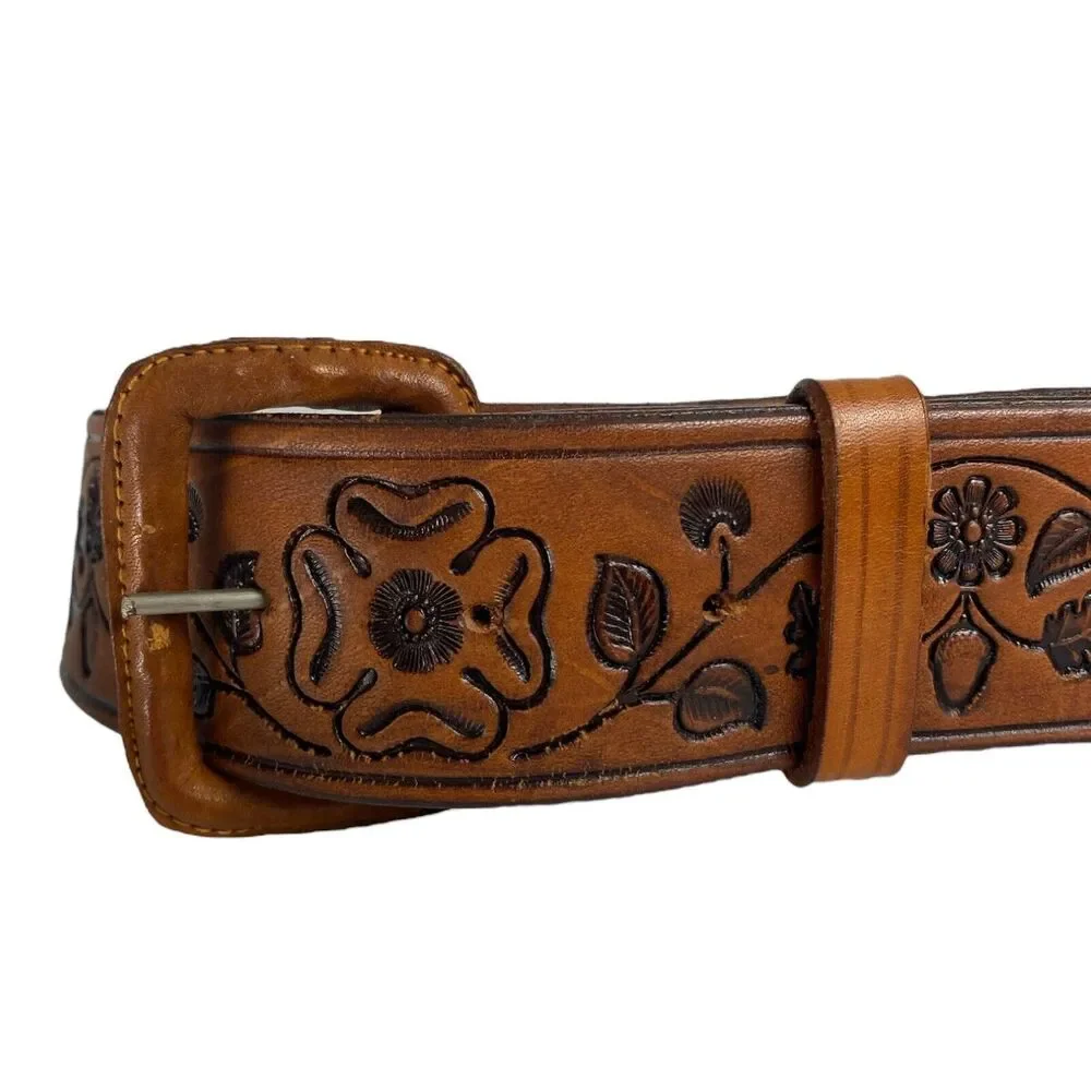 Mexican Tooled Brown Leather Belt Floral Design Size 34 Mexico Apple‎ C14Q